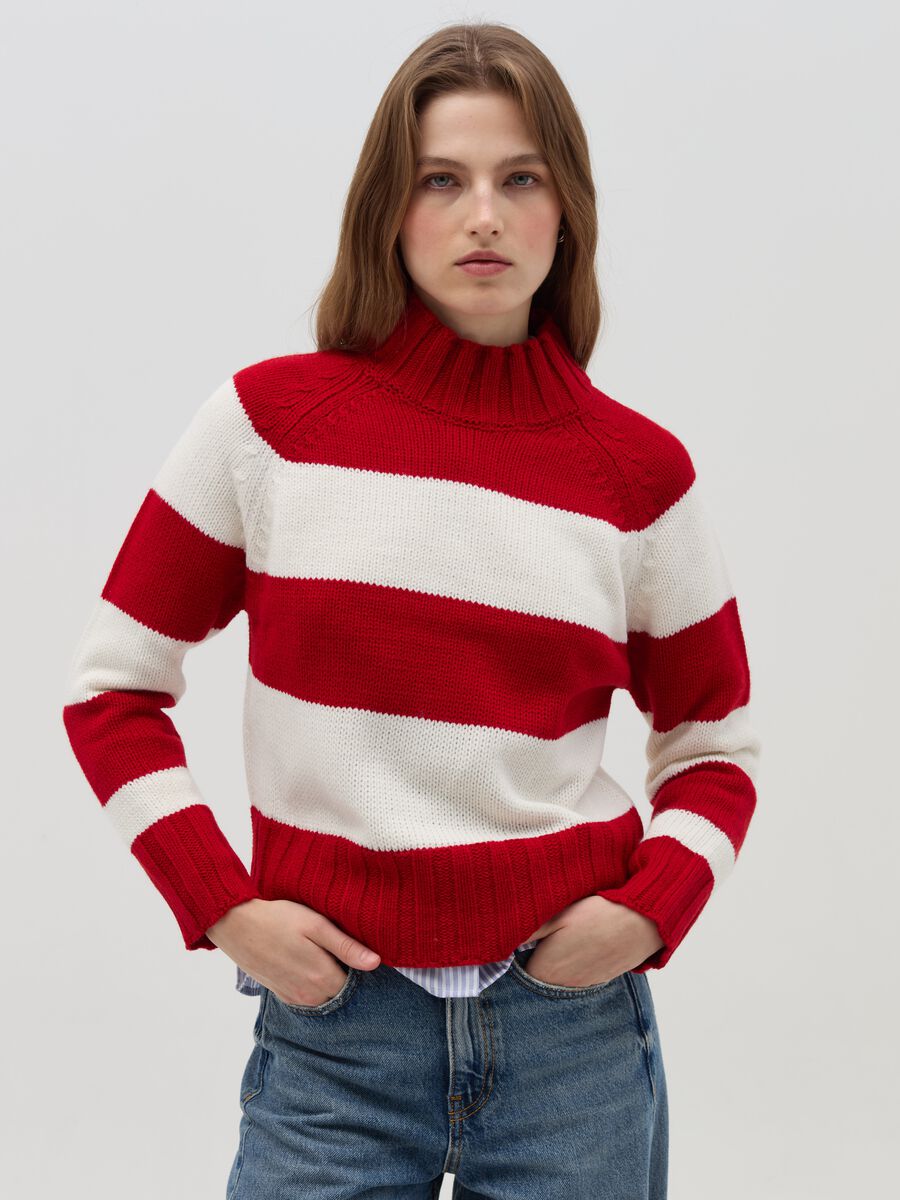 Striped knit top with mock neck_0