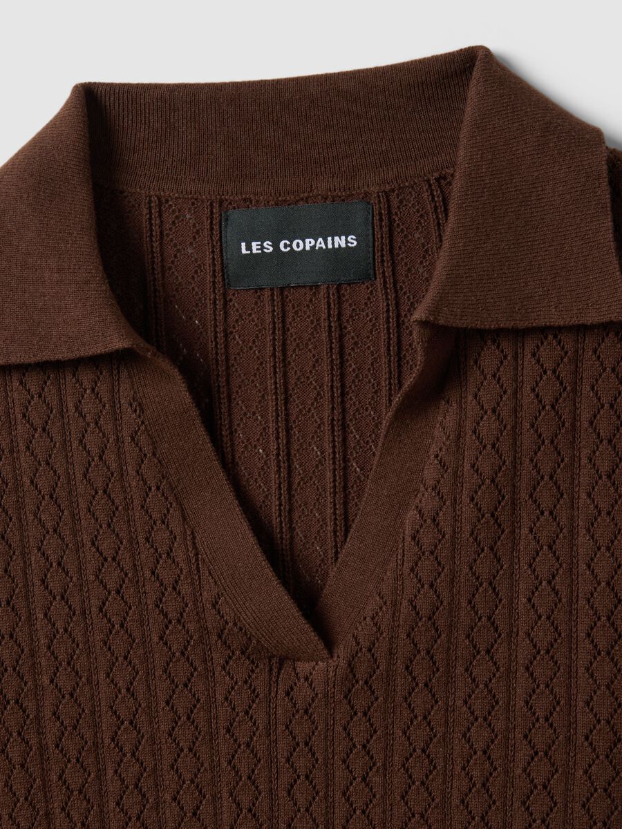 Brown cotton blend regular fit sweater with polo collar_5