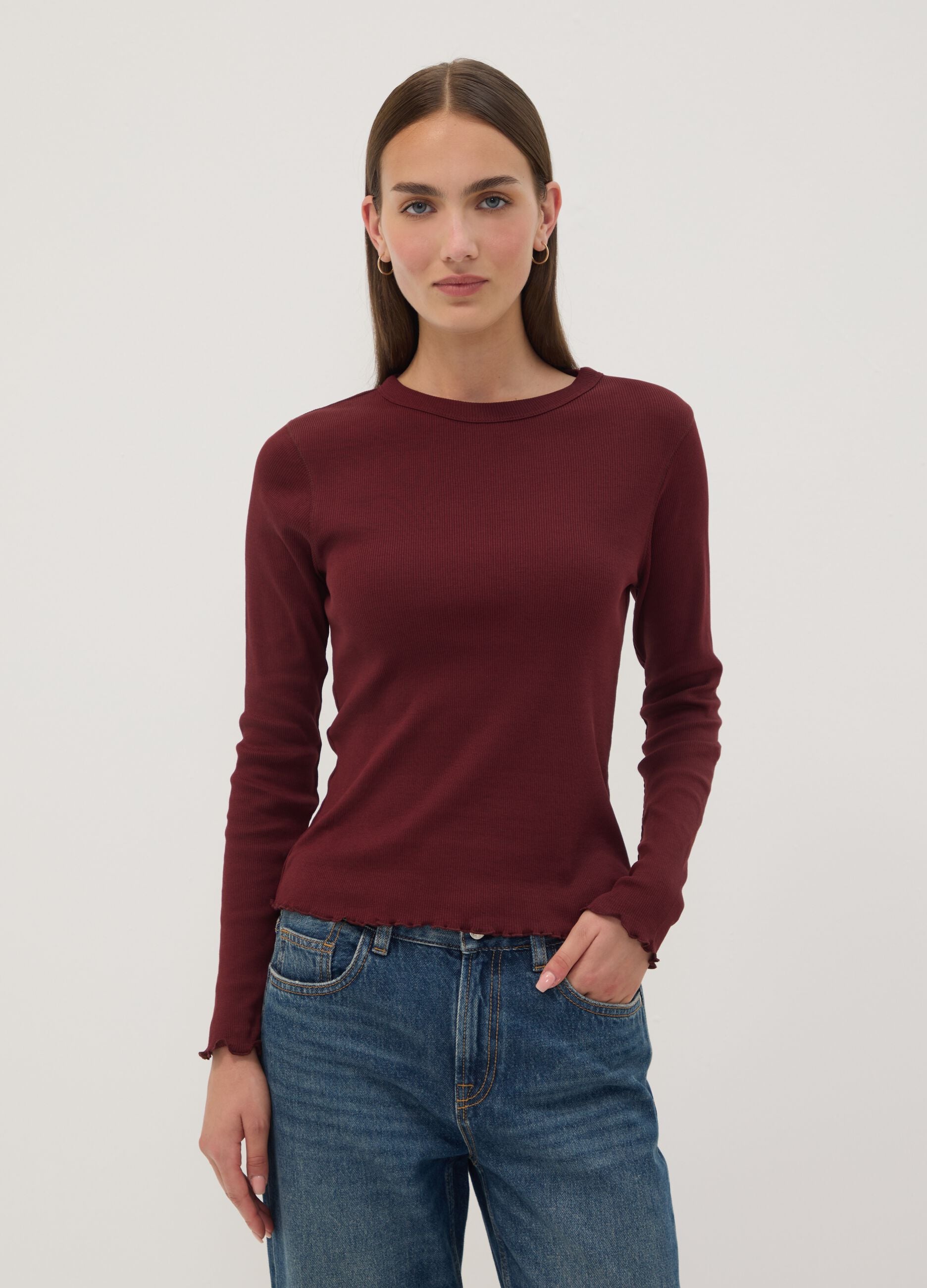 T-shirt rossa in puro cotone a maniche lunghe girocollo regular fit