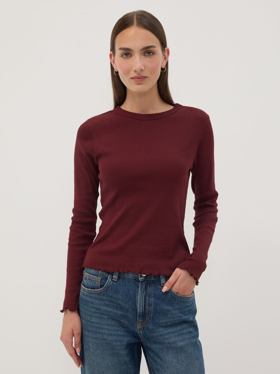 T-shirt rossa in puro cotone a maniche lunghe girocollo regular fit_0