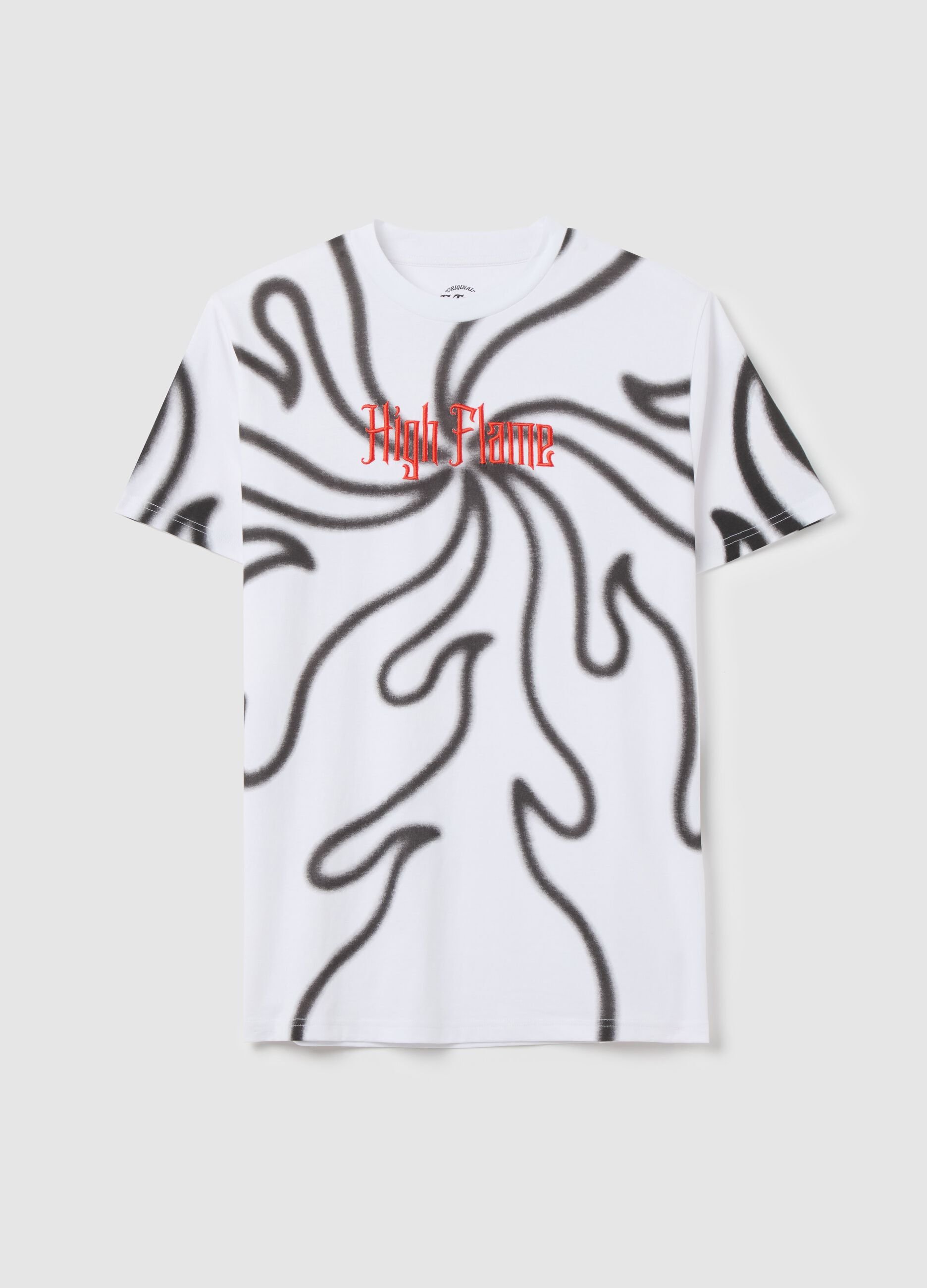 White and black T-shirt with flames print