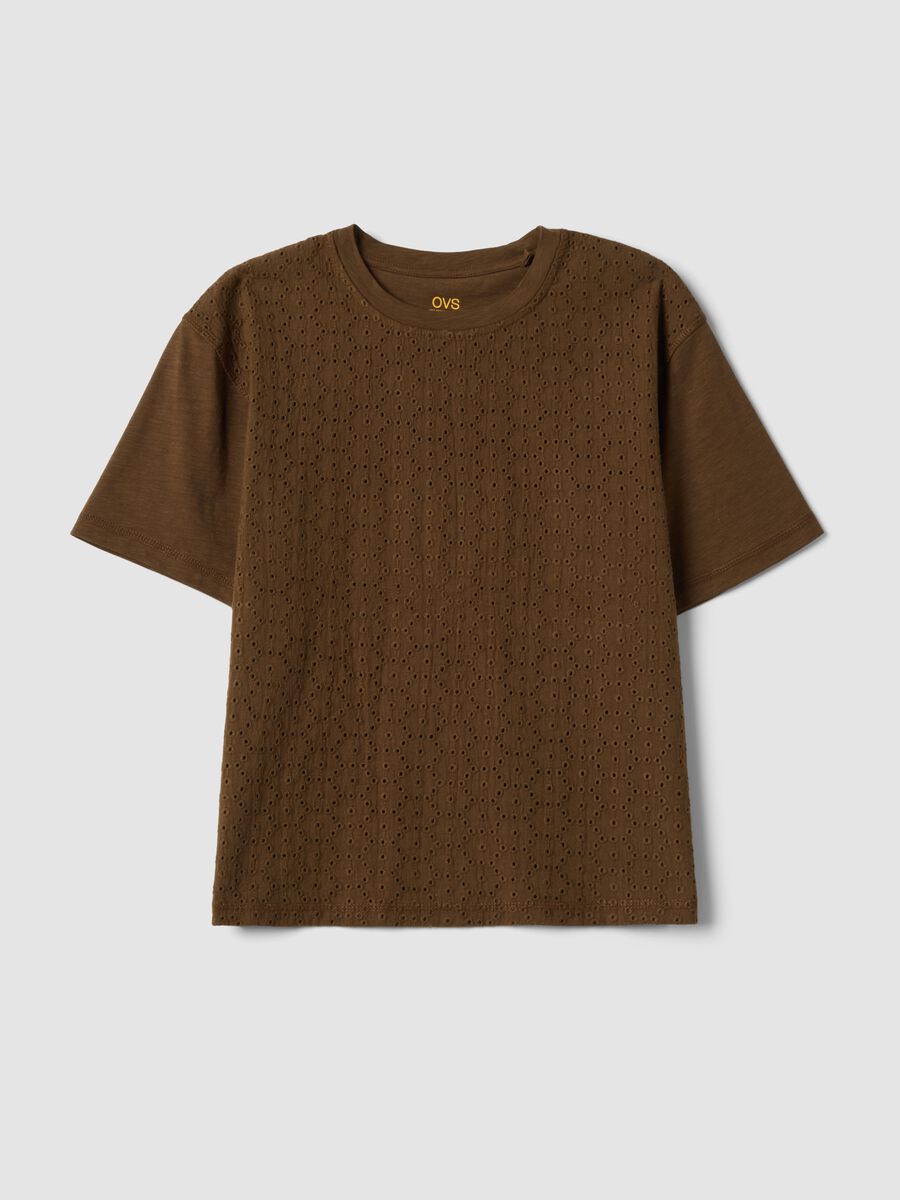 Brown pure cotton T-shirt with broderie anglaise embroidery_4