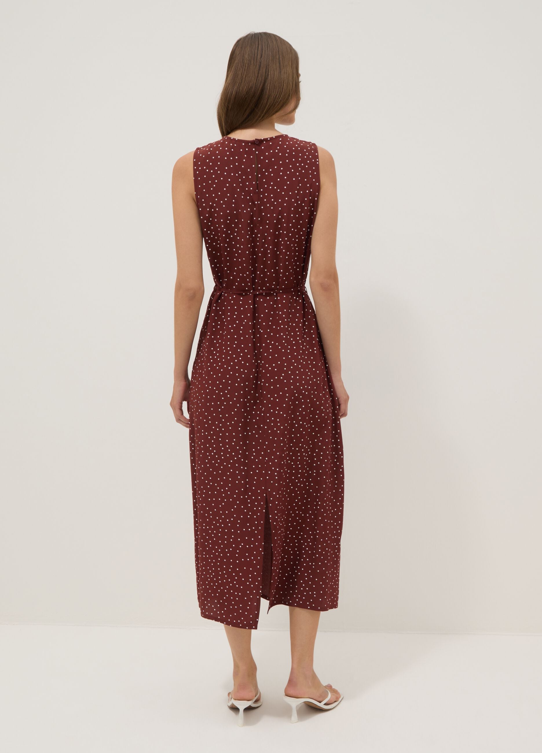 Red polka-dot pure viscose midi dress