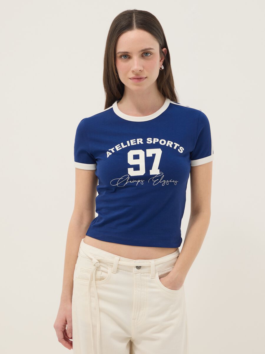 Slim fit blue stretch cotton T-shirt with print_1