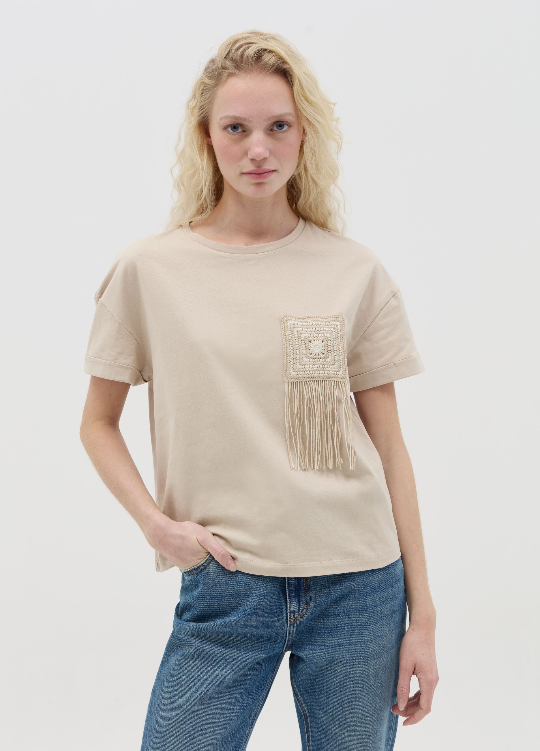 Beige T-shirt with crochet detail