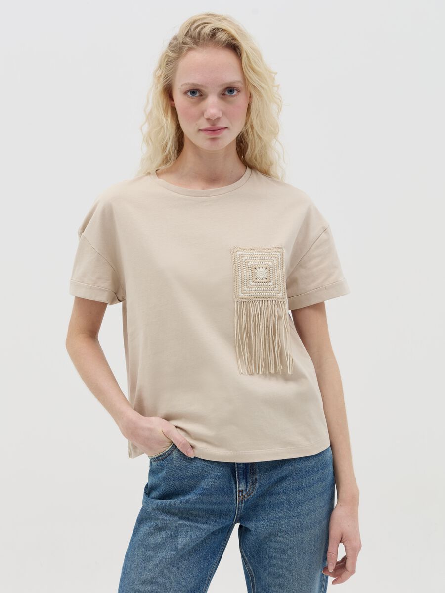 Beige T-shirt with crochet detail_0