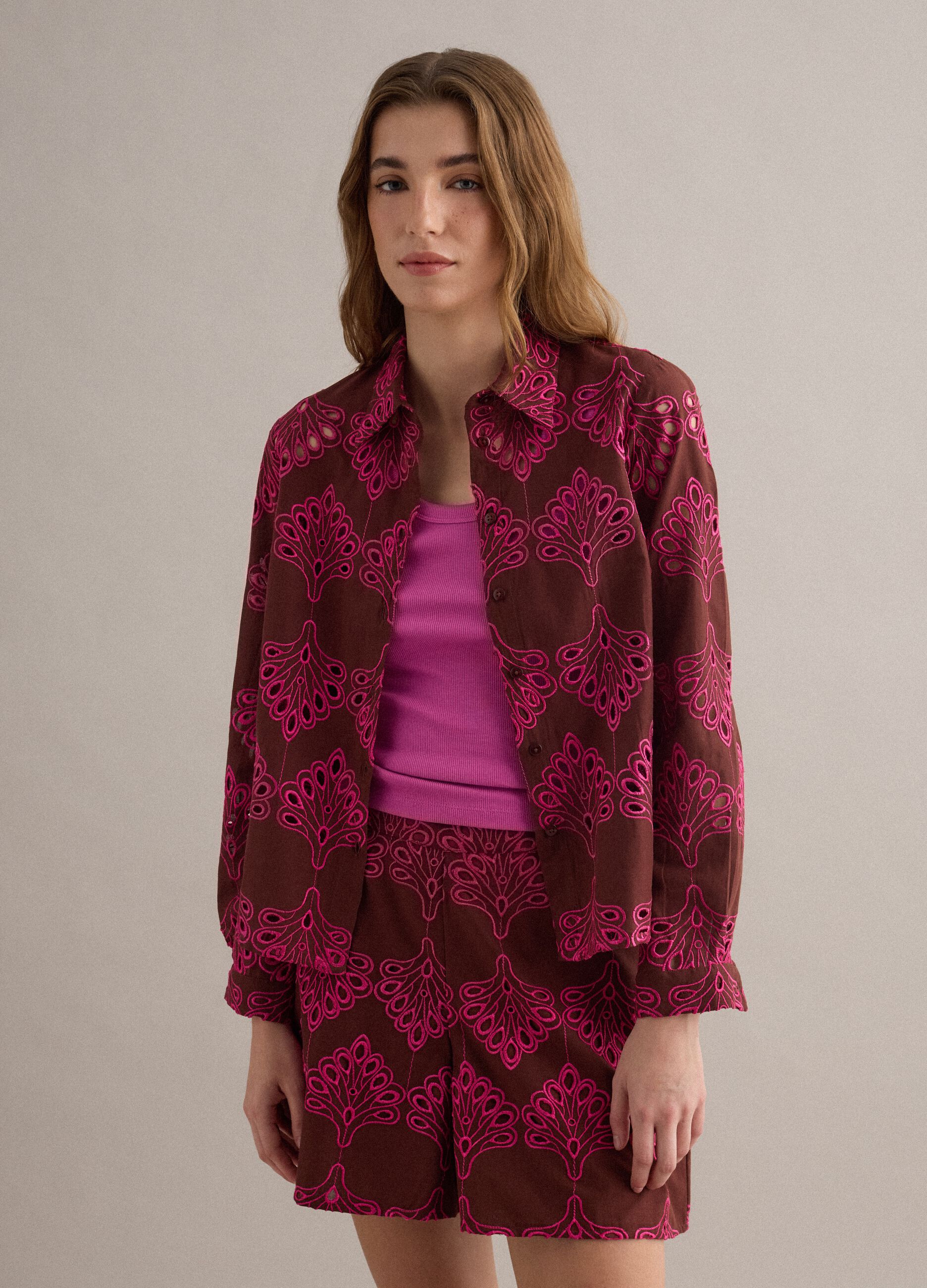 Multicolour pure cotton shirt with broderie anglaise embroidery, regular fit