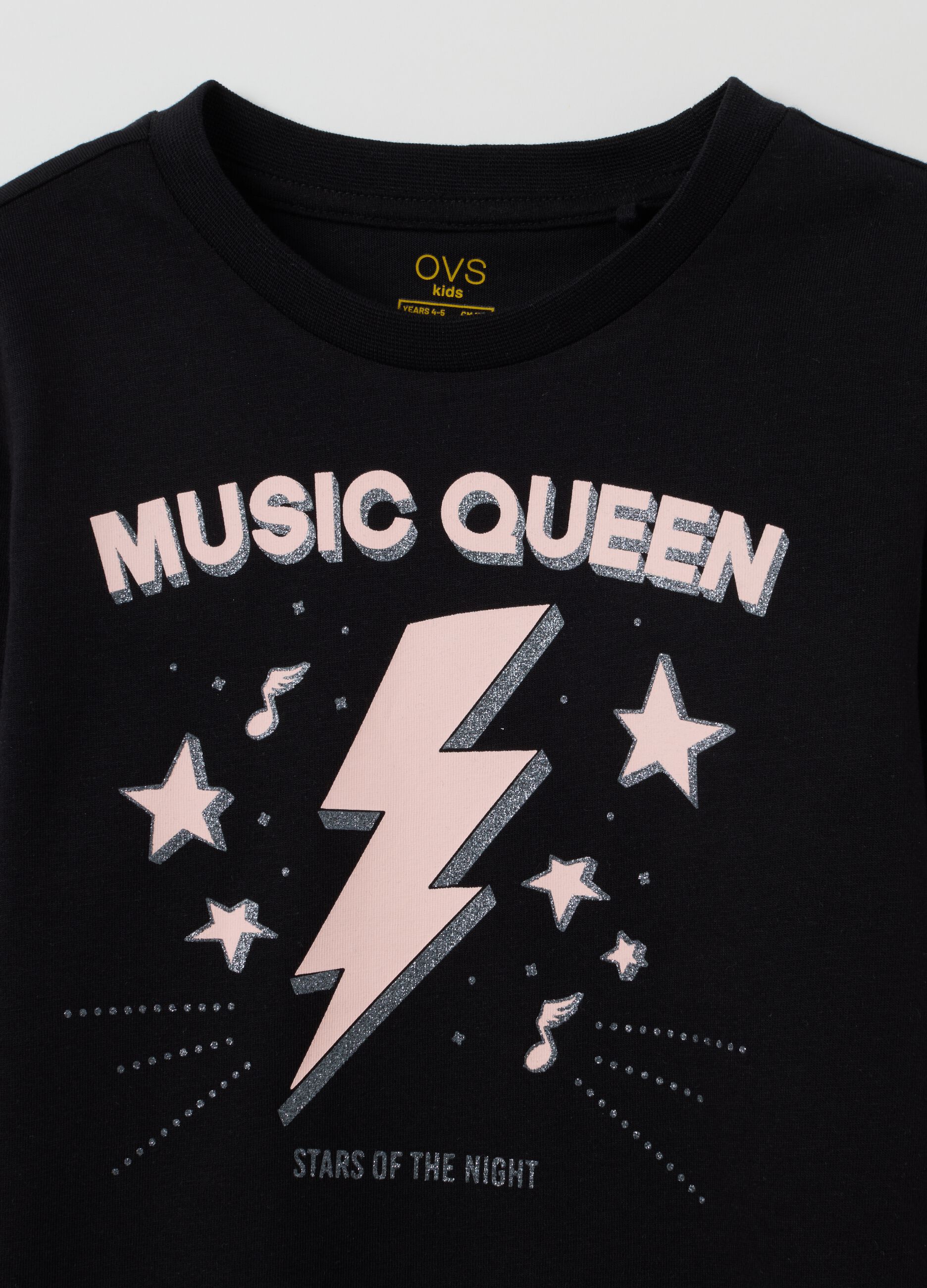 Girls' black regular fit pure cotton t-shirt with glitter star