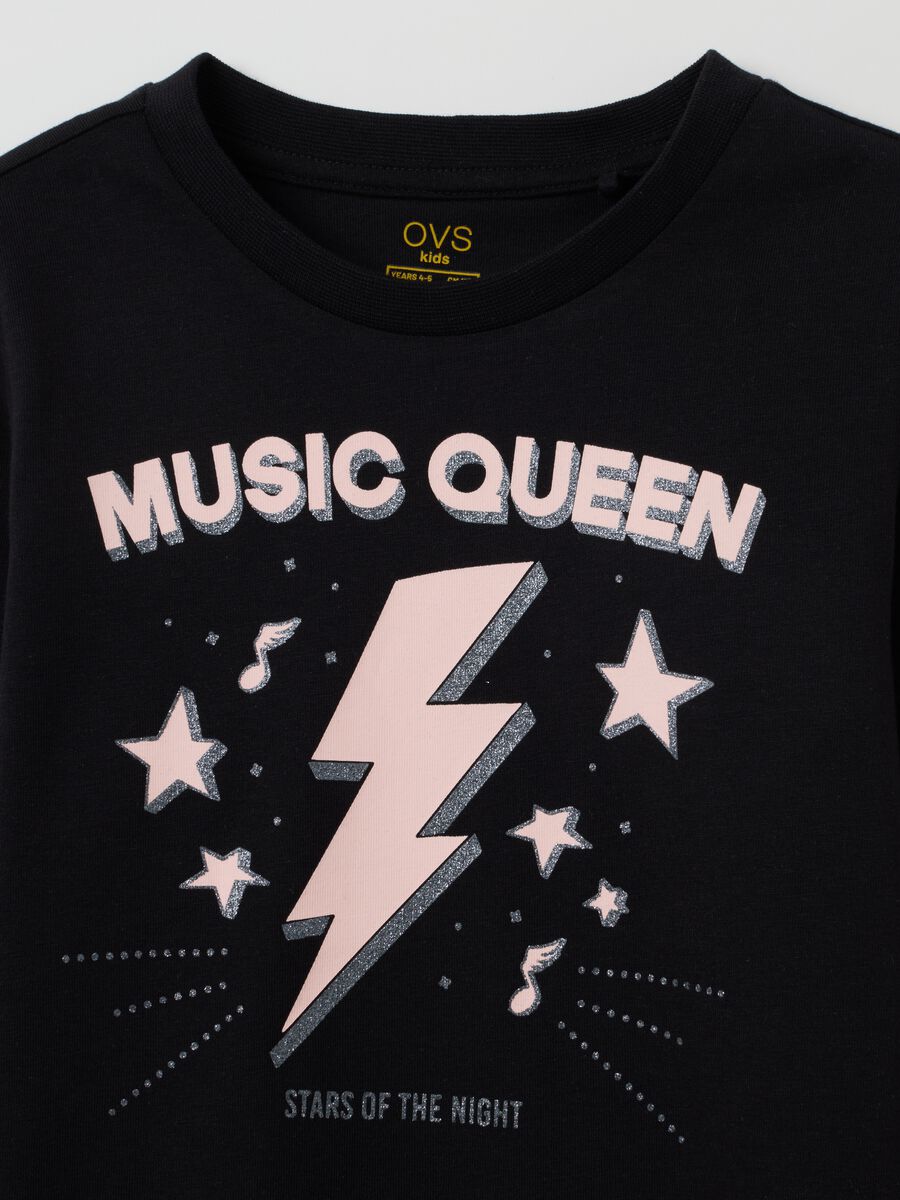 Girls' black regular fit pure cotton t-shirt with glitter star_2