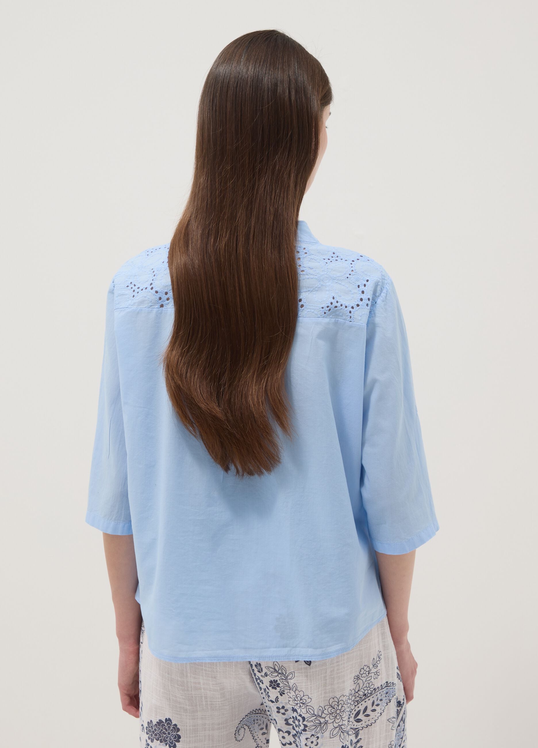 Sky-blue pure cotton shirt with eyelet embroidery, regular fit