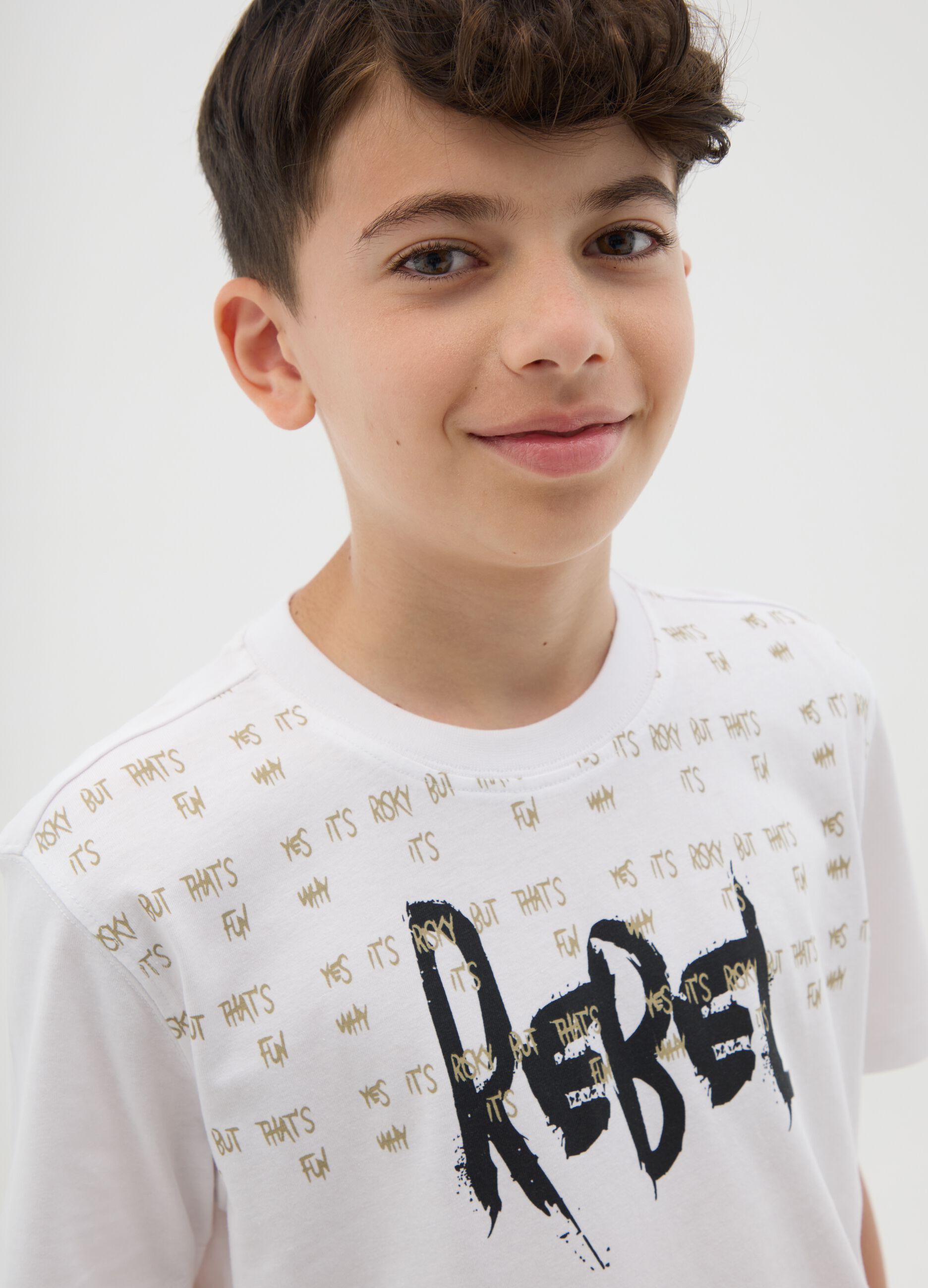 White T-shirt in cotton with "Rebel" print