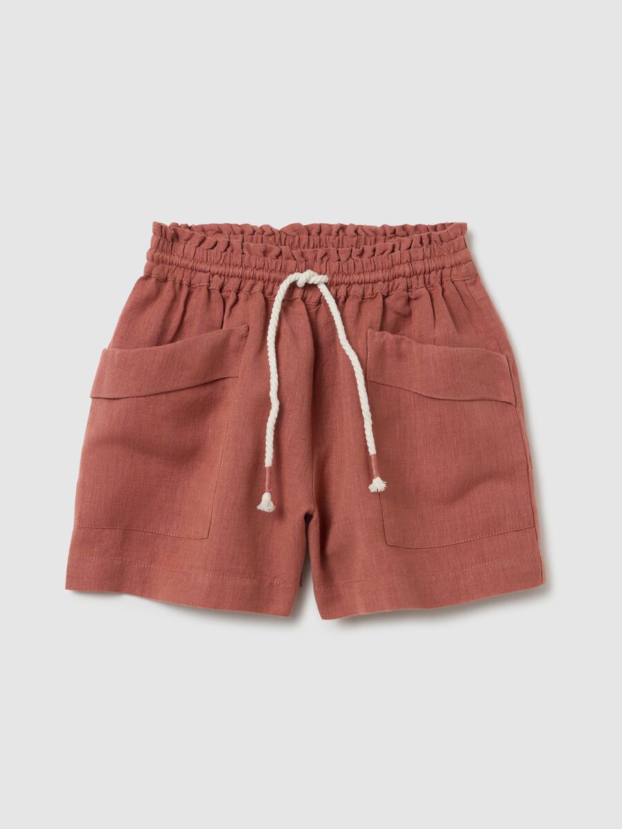 Regular fit brown cotton and linen girl's shorts_0