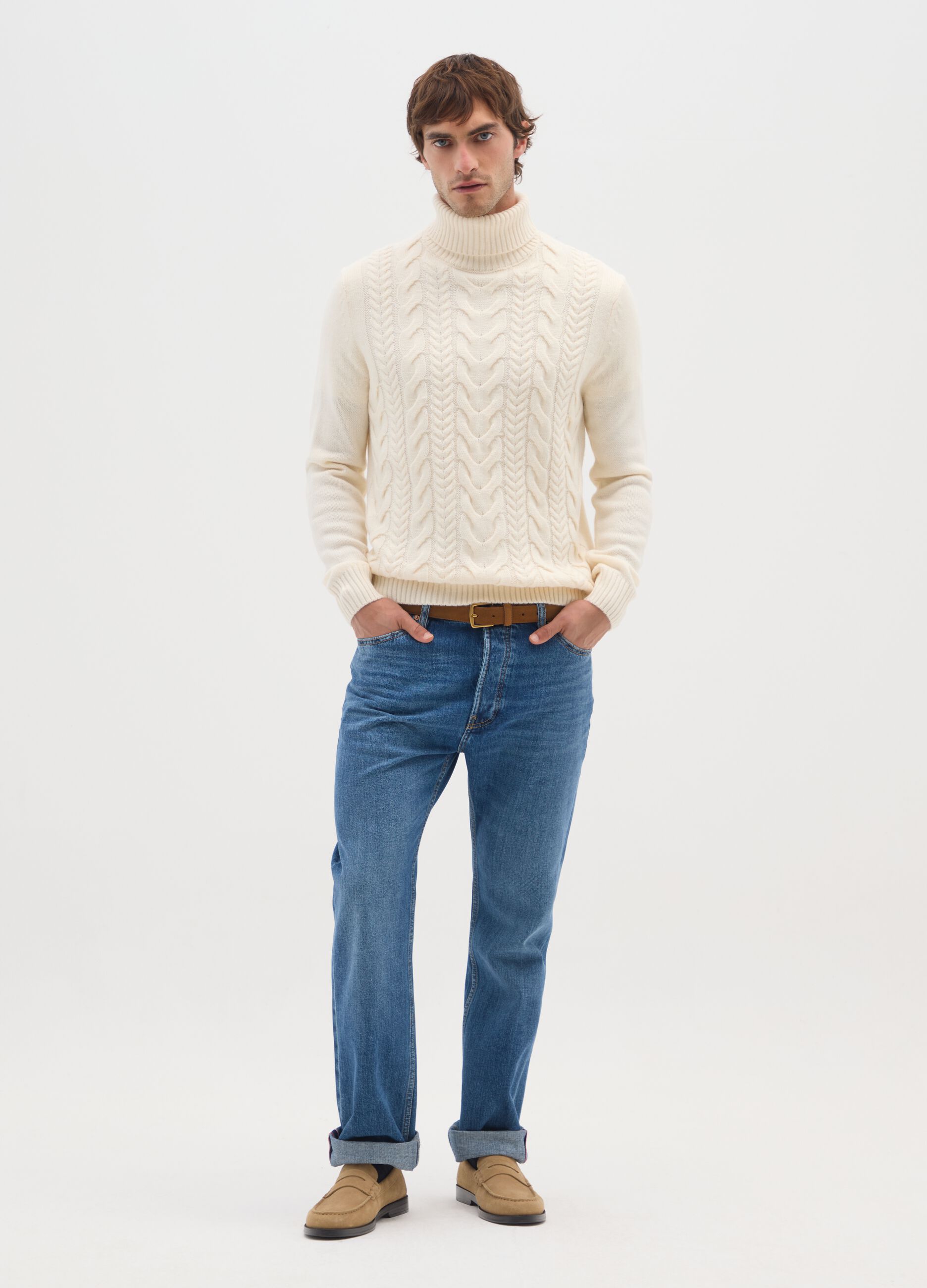 Beige Regular Fit Roll Neck Jumper with Jacquard Pattern