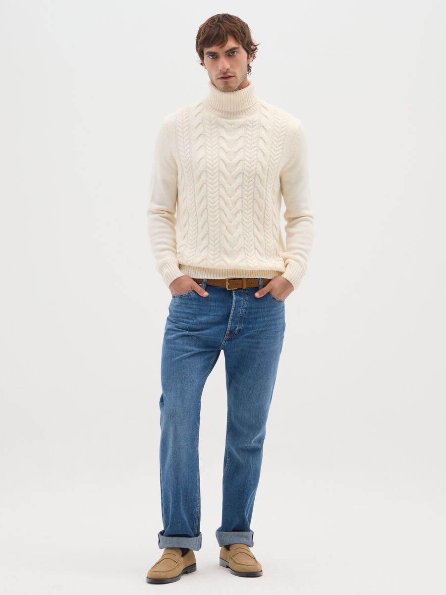 Beige Regular Fit Roll Neck Jumper with Jacquard Pattern_1