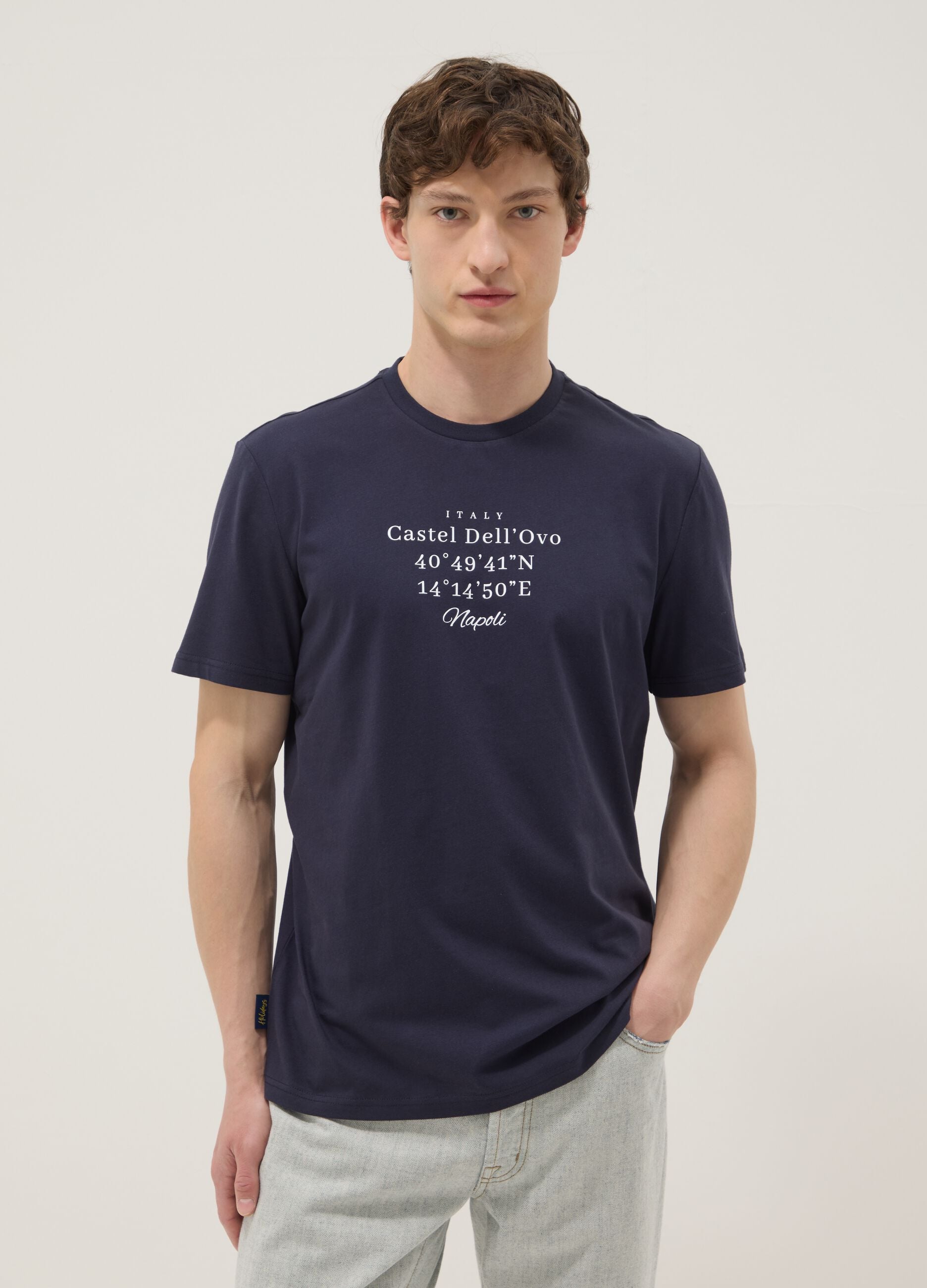 Blue pure cotton regular-fit short-sleeve T-shirt