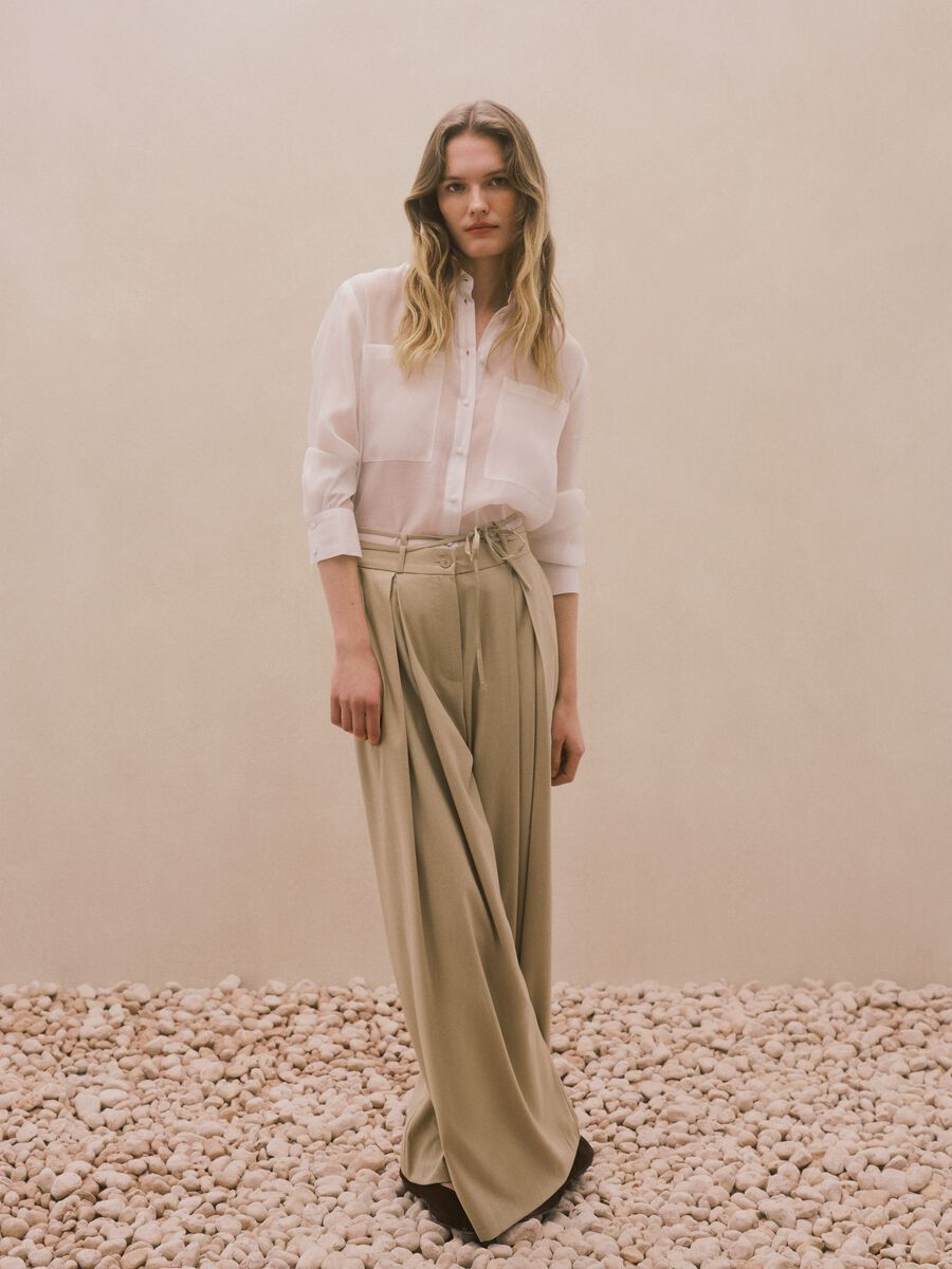 Beige viscose blend flare trousers_0