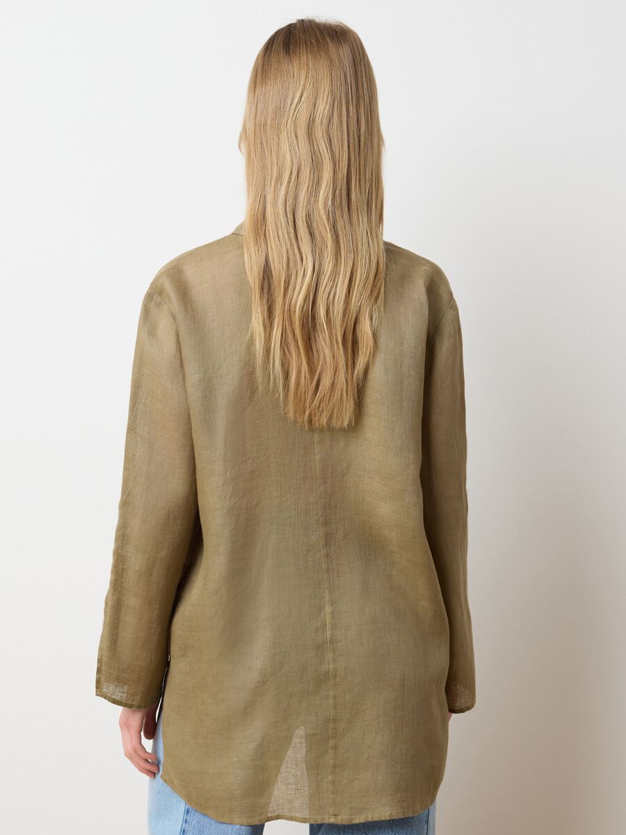 Women's long loose-fitting green linen shirt_3