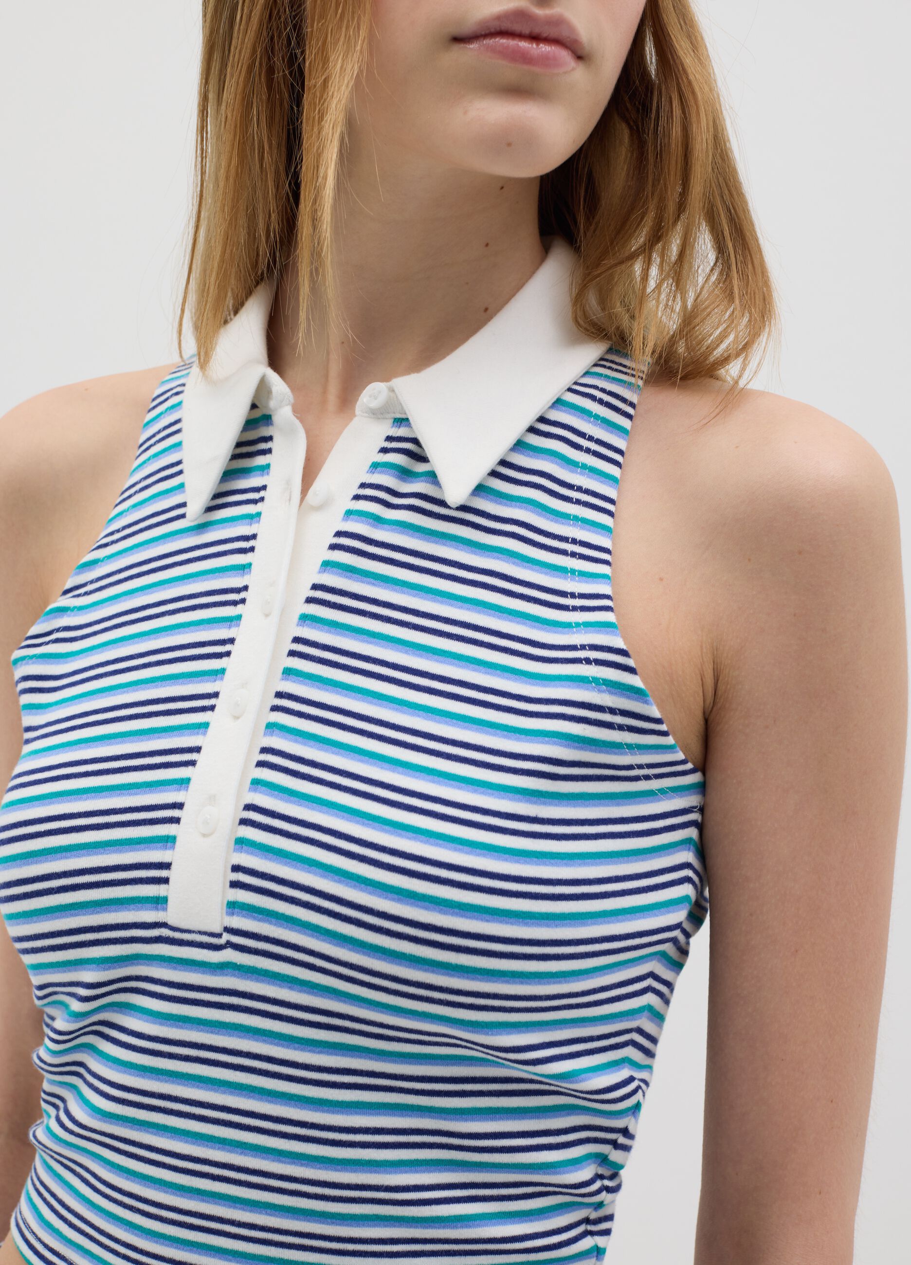 Sleeveless Polo with Multicolour Stripes in Stretch Cotton