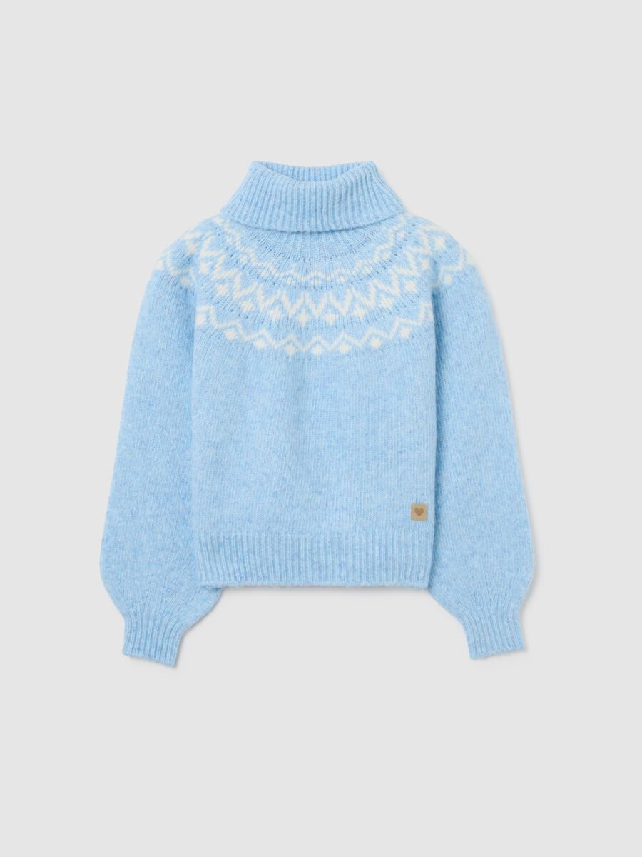 Girls' Light Blue Regular Fit Turtleneck Sweater with Jacquard Pattern_3