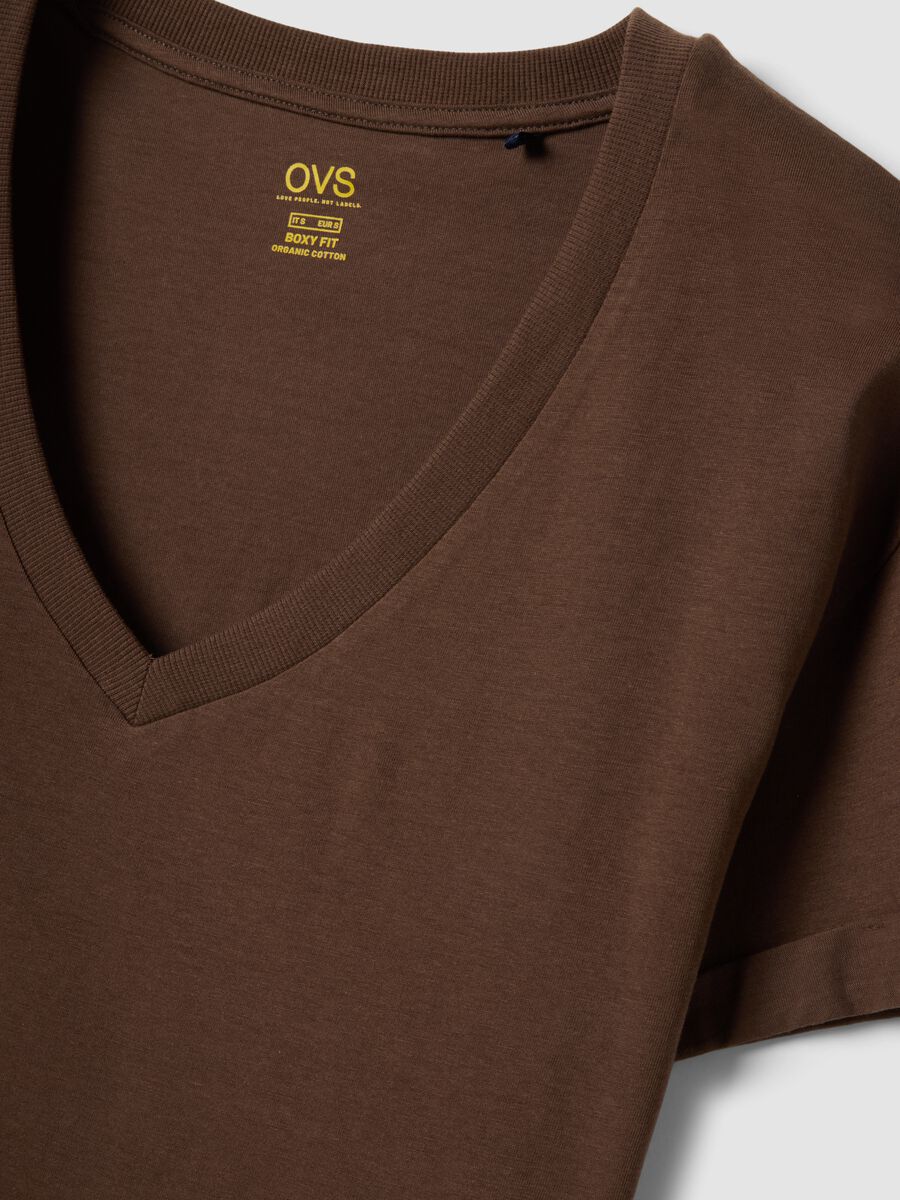 T-shirt in puro cotone marrone relaxed fit con collo a V_5