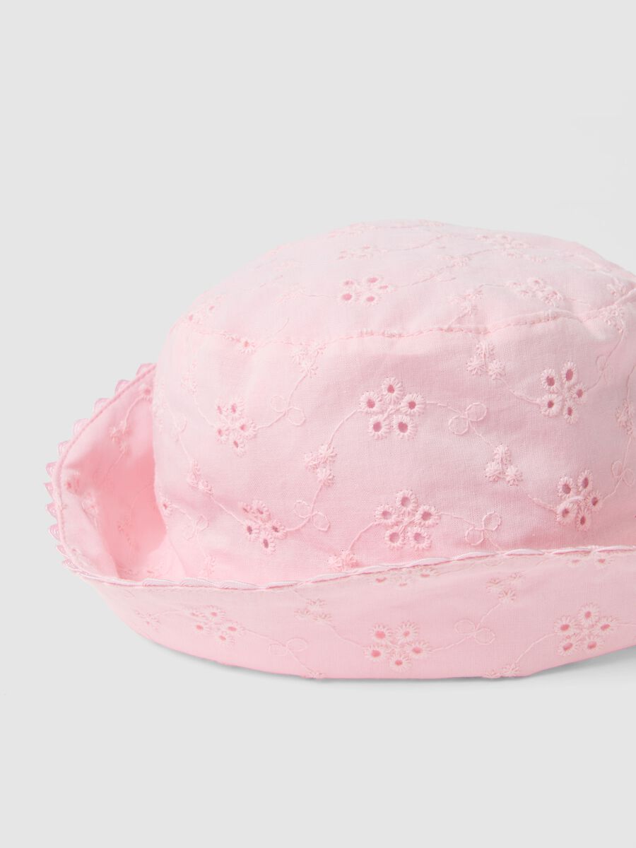 Girls' pink pure cotton bucket hat with floral embroidery_2