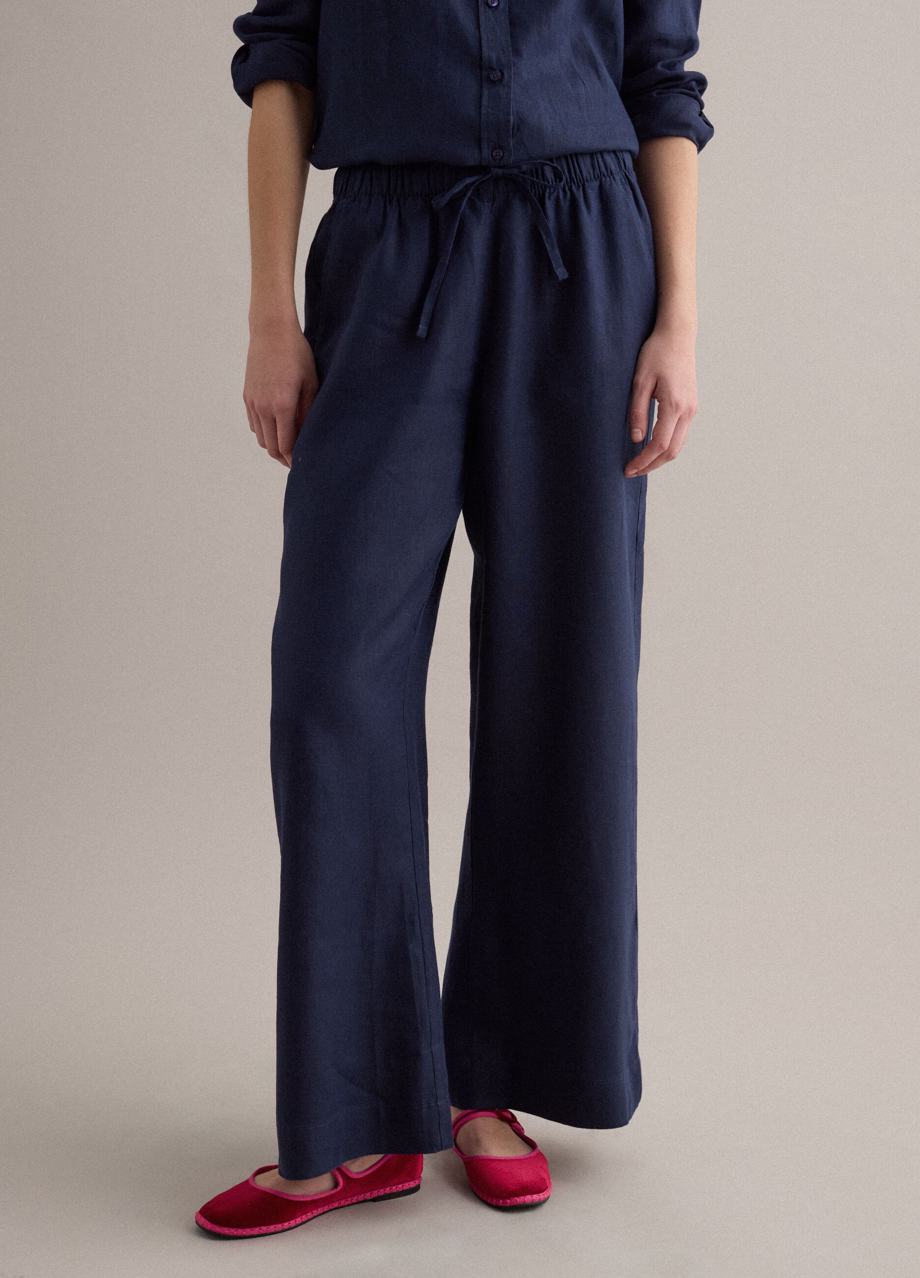 Blue pure linen drawstring trousers, straight fit