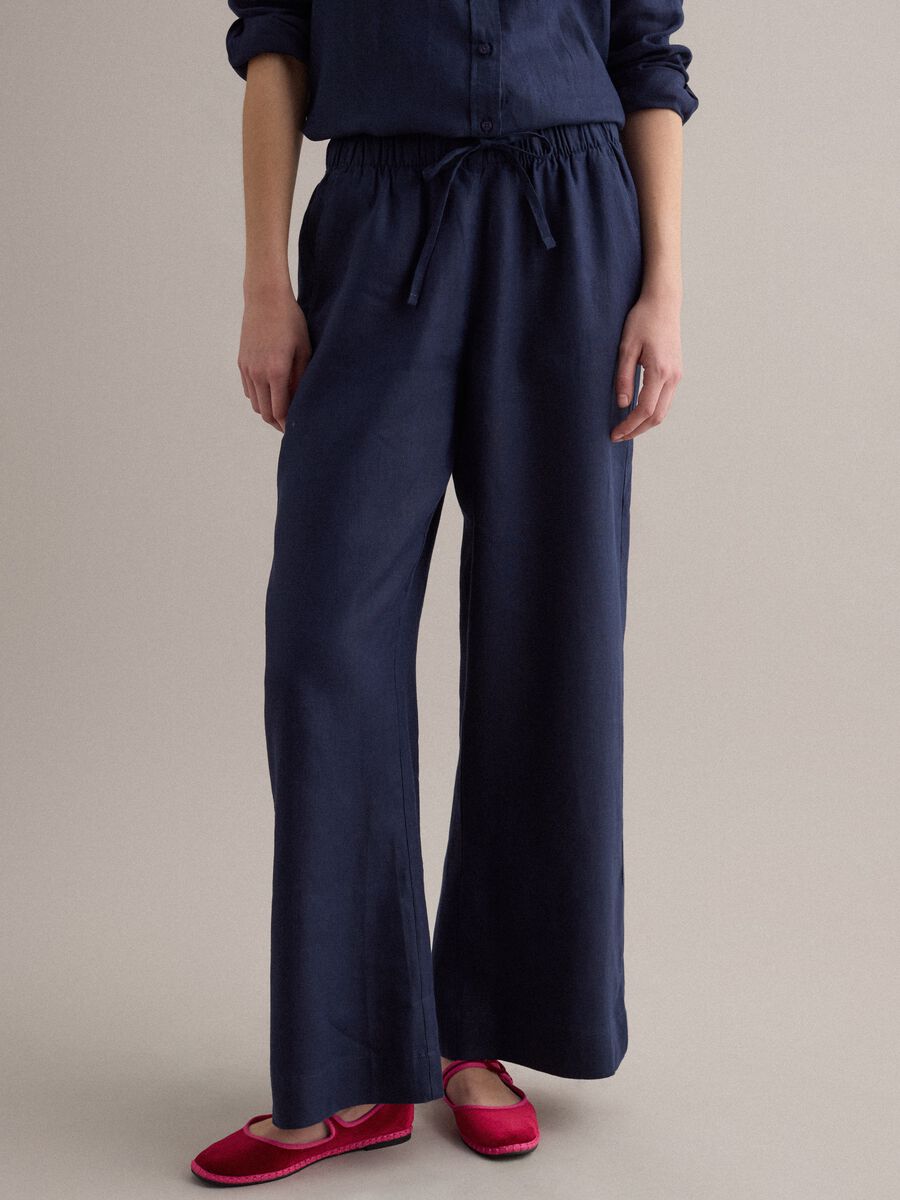 Pantaloni blu in puro lino con coulisse straight fit_1