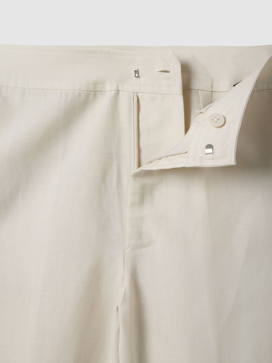 Beige Lyocell and Linen Blend Regular Fit Trousers_1
