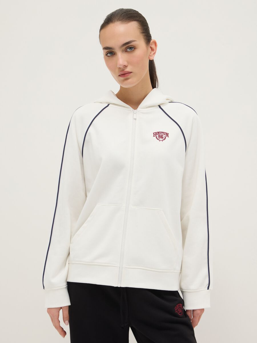 White Hooded Zip Cotton Blend Relaxed Fit Sweatshirt_0