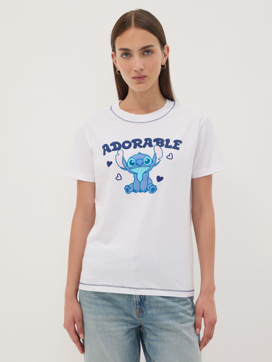 White pure cotton T-shirt with Stitch print, regular fit_1