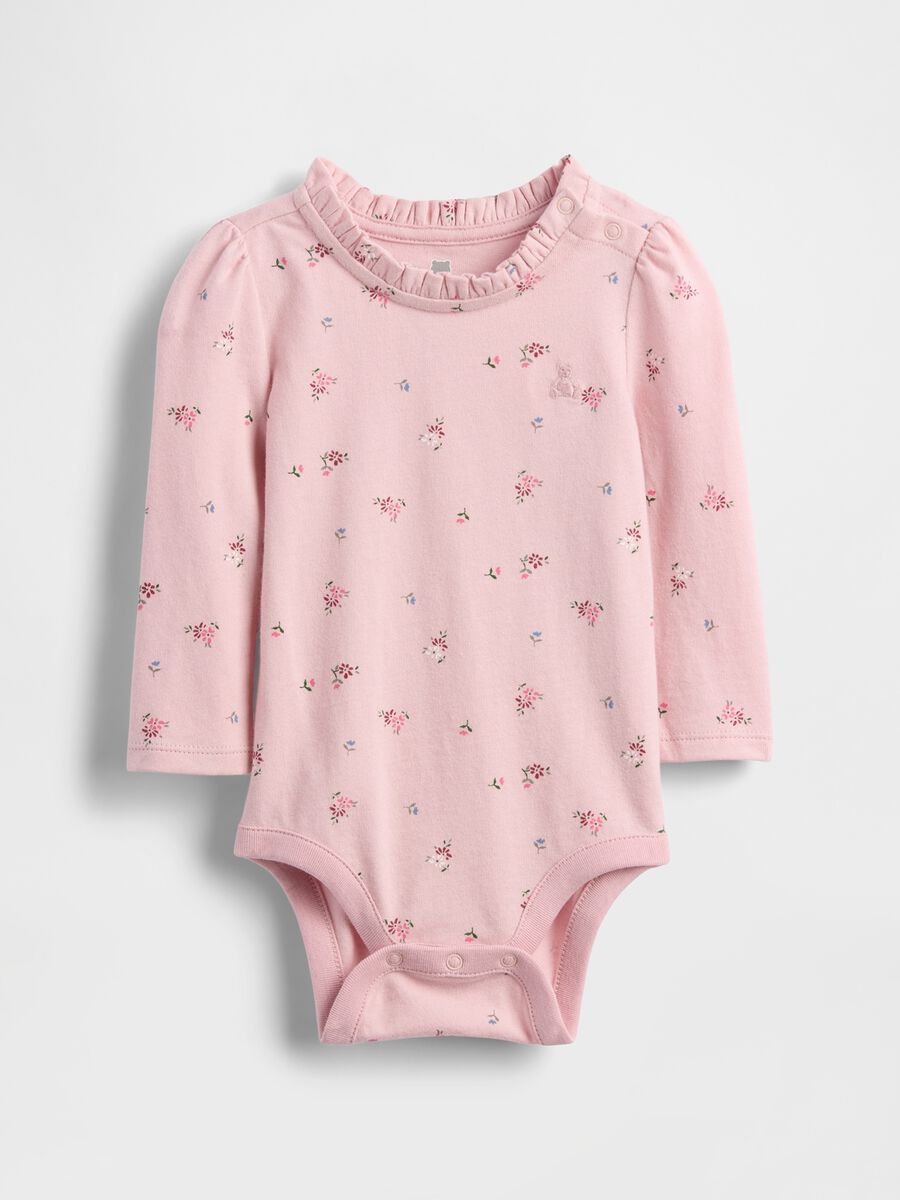 Pink cotton bodysuit with floral pattern_0