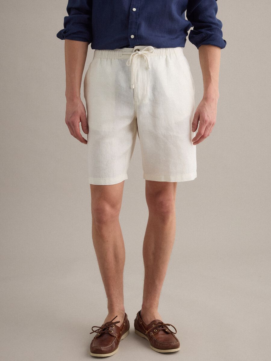 White pure linen Bermuda shorts with elasticated waistband_1