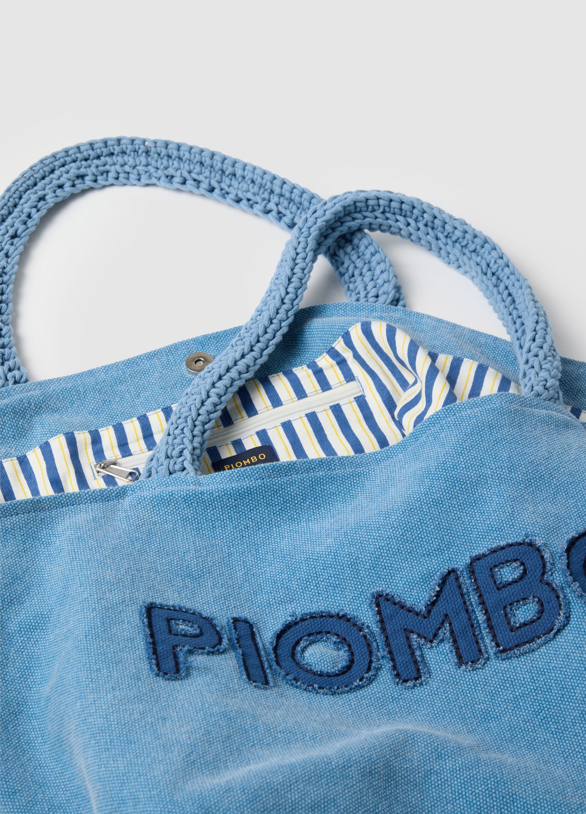 Women's light blue pure cotton tote with braided handles