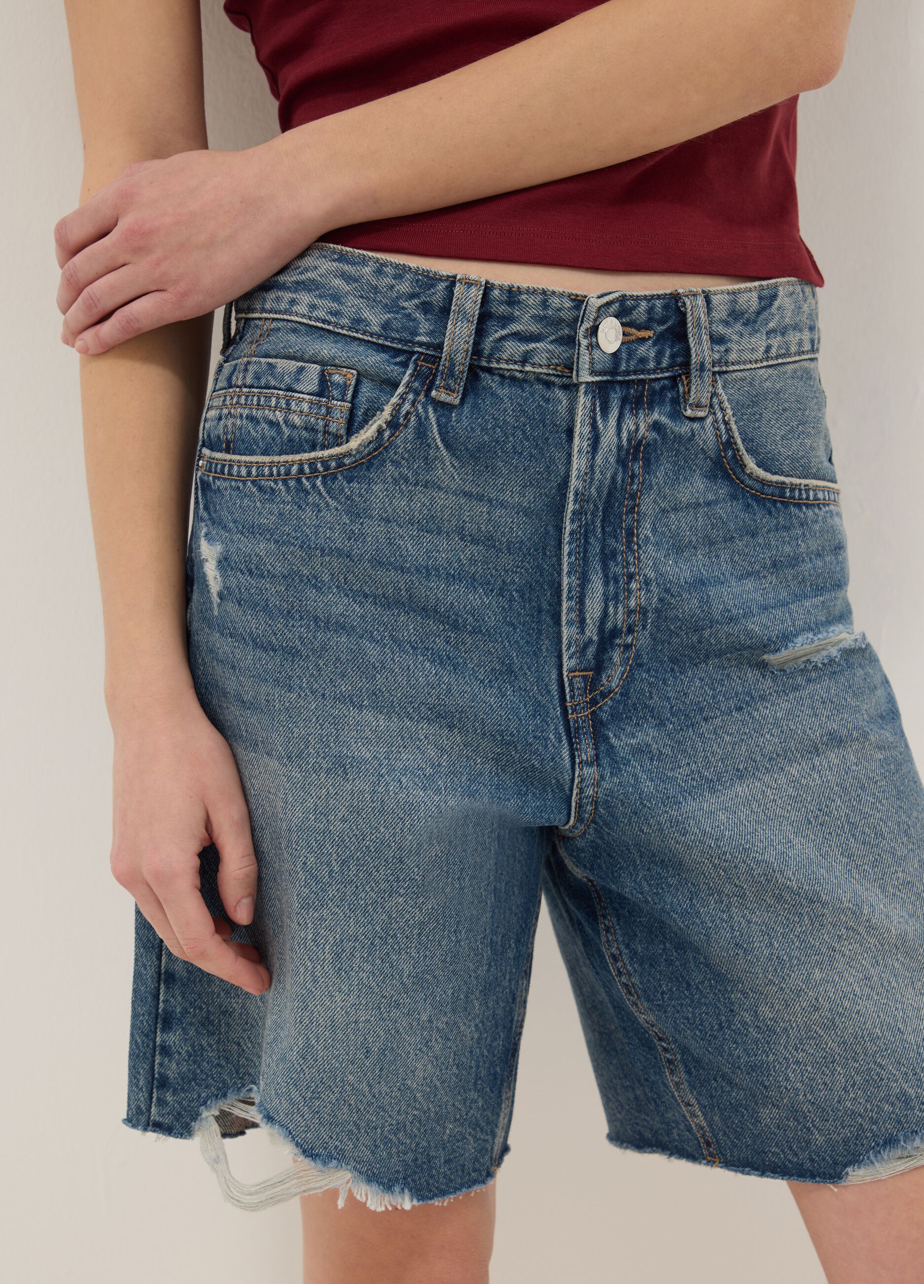 Pure Cotton Blue Denim Shorts with Straight Fit