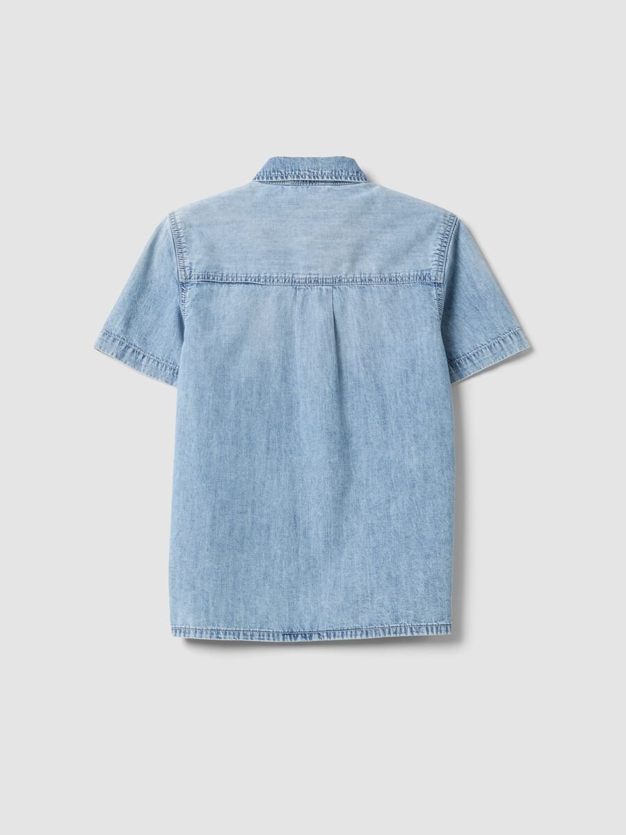 Light blue short-sleeve pure cotton denim shirt_1