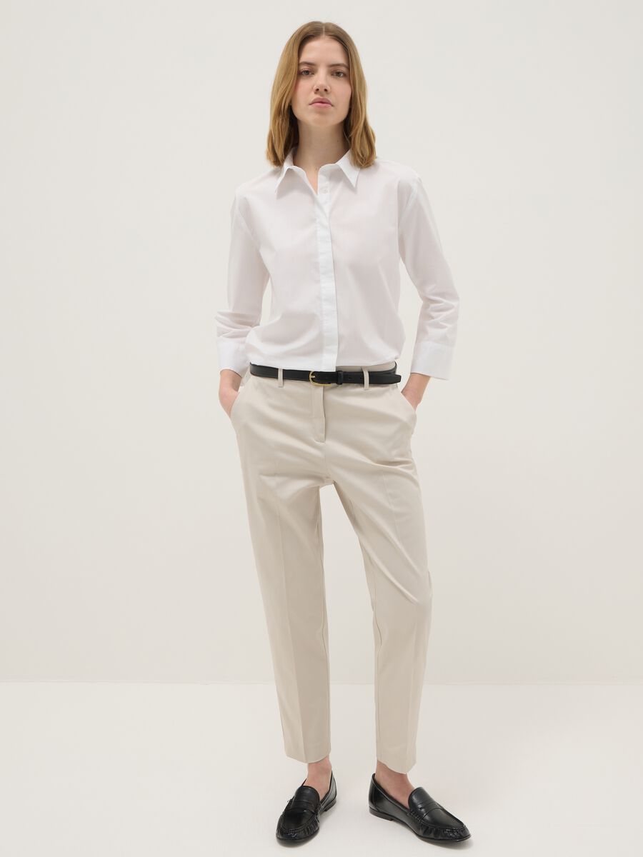 Beige stretch cotton satin trousers regular fit_1