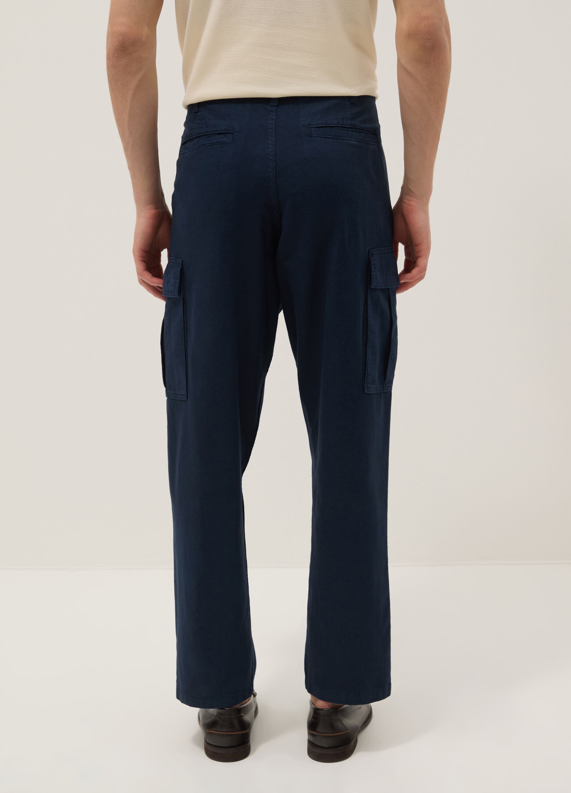 Blue regular-fit linen and cotton blend cargo trousers