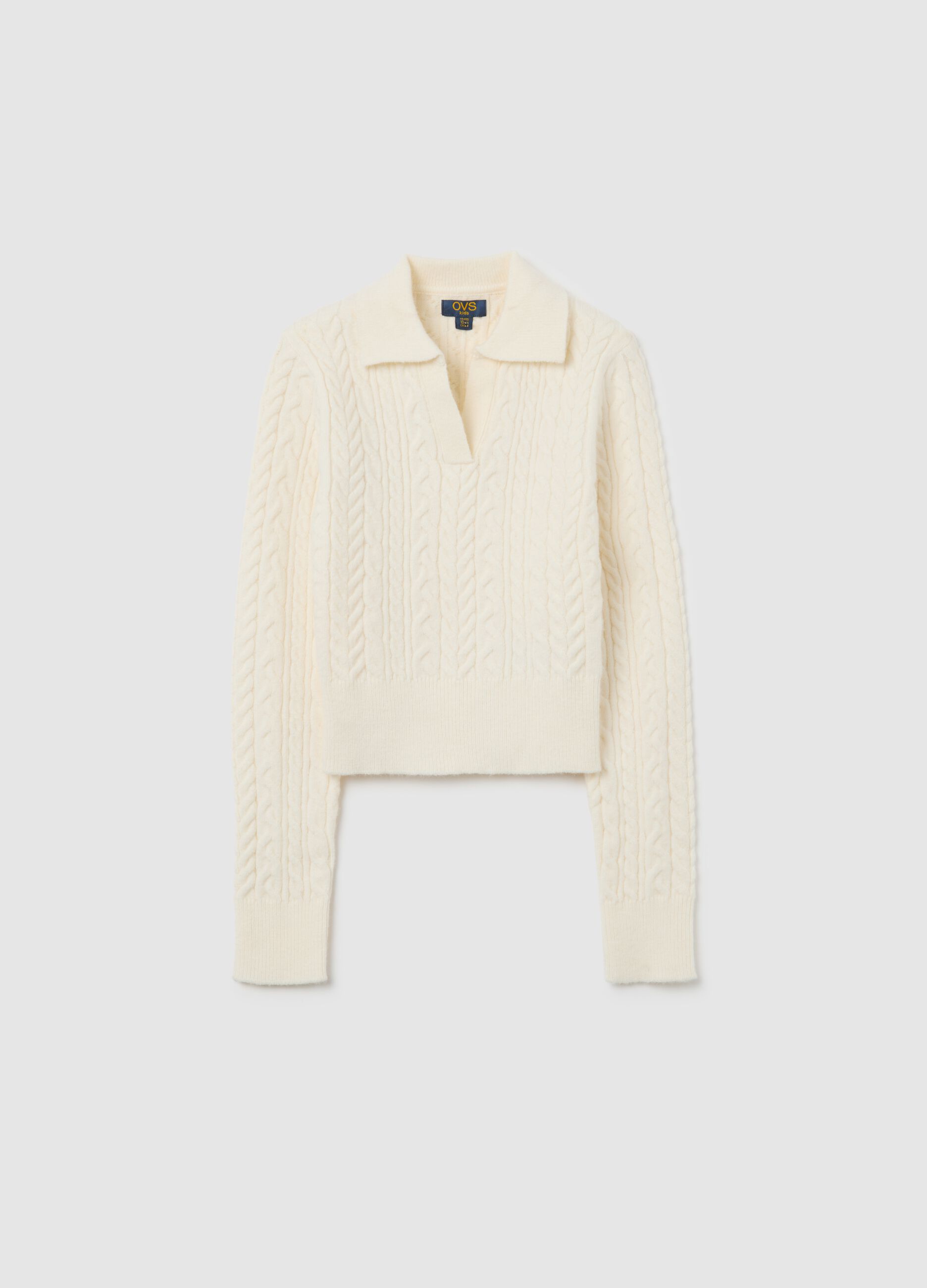Beige girl's fitted sweater with polo collar