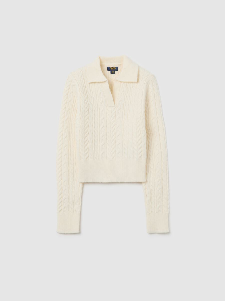 Beige girl's fitted sweater with polo collar_0