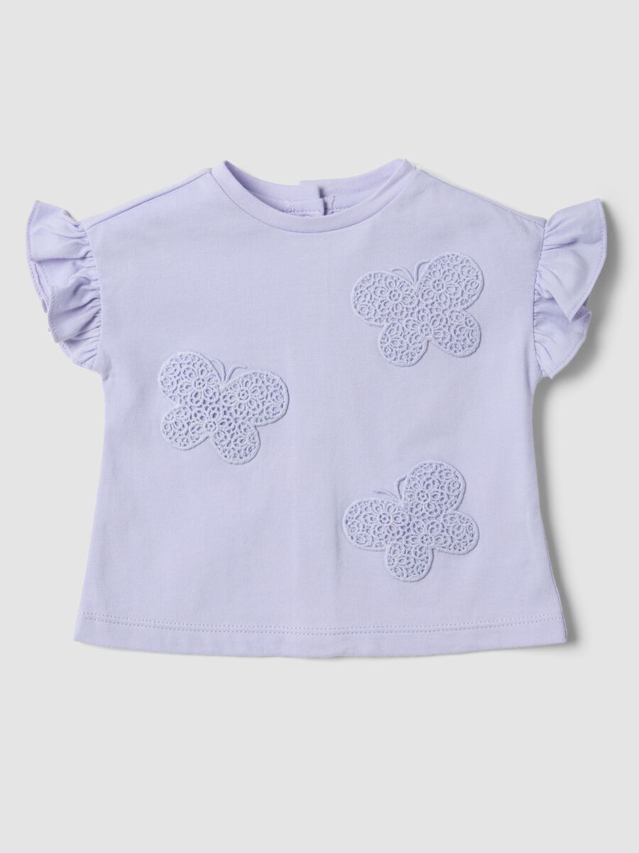Purple short-sleeved pure organic cotton T-shirt with frills_0