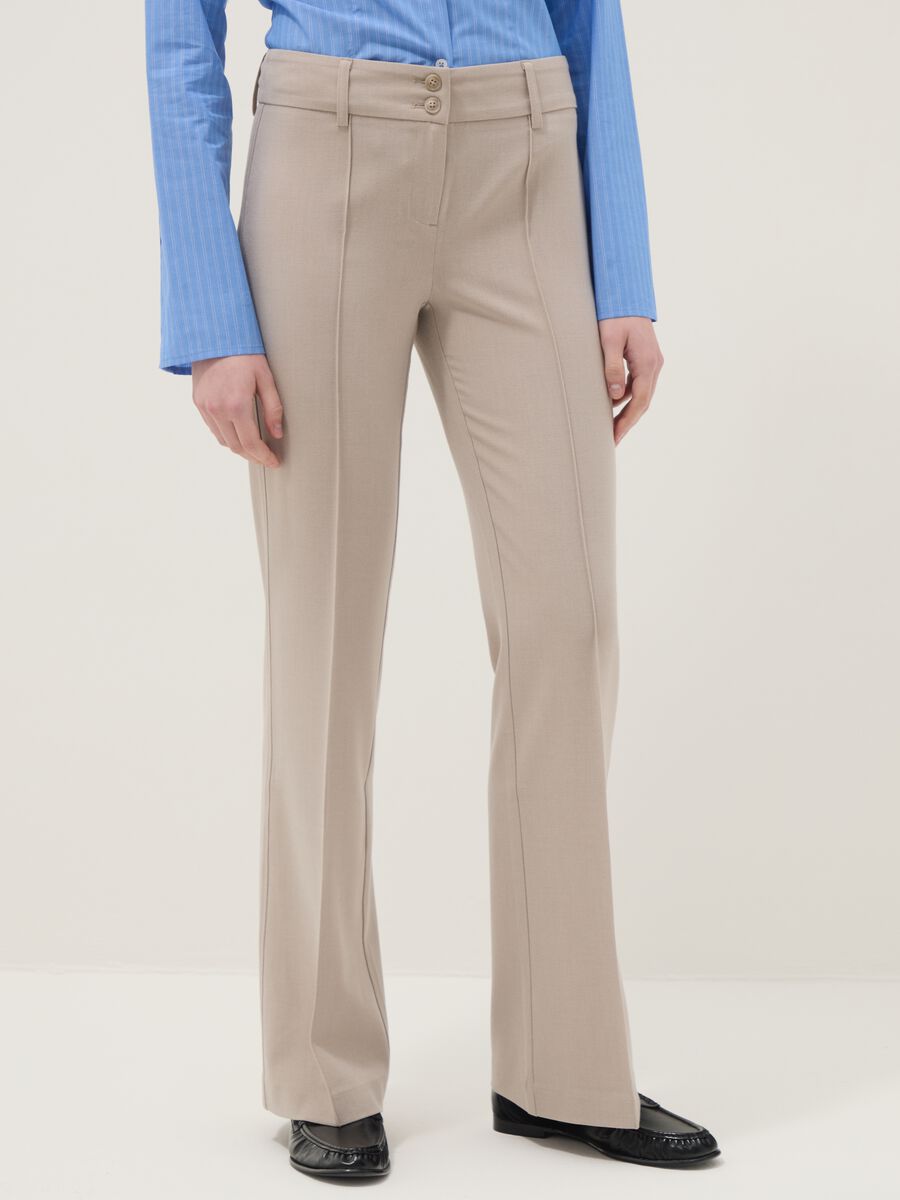 Beige stretch fabric flare fit trousers_1