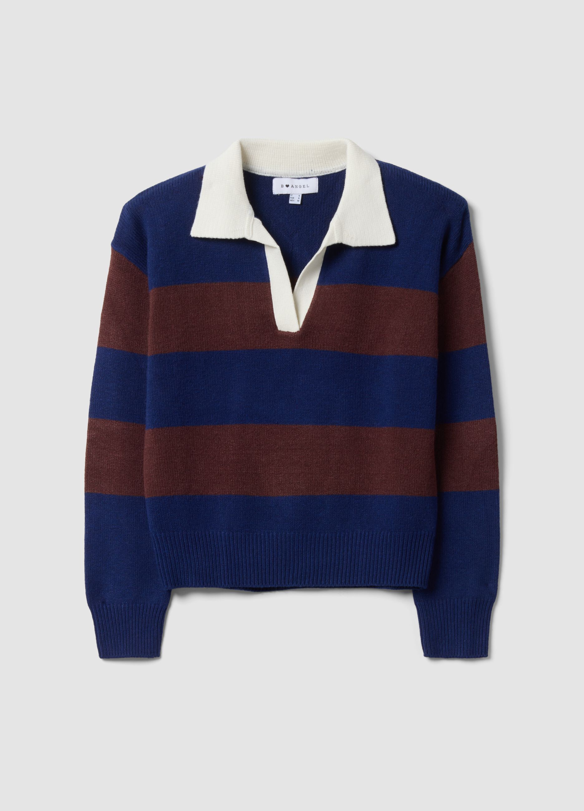 Blue striped viscose-blend polo-collar top, regular fit