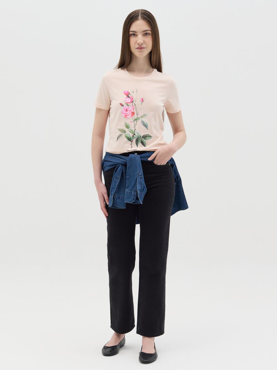 Pink cotton T-shirt with flower print_1