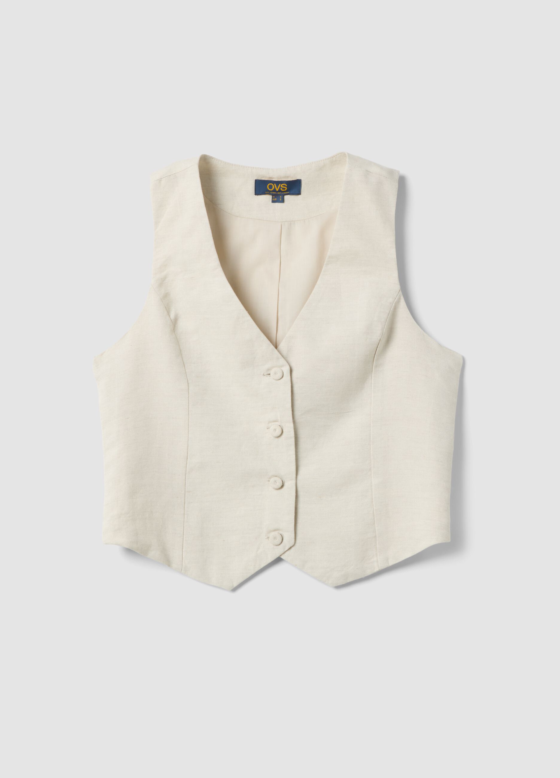 Beige linen-blend slim-fit waistcoat with buttons