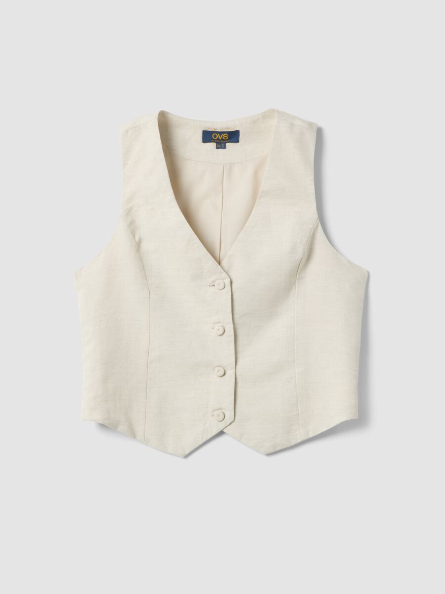 Beige linen-blend slim-fit waistcoat with buttons_4