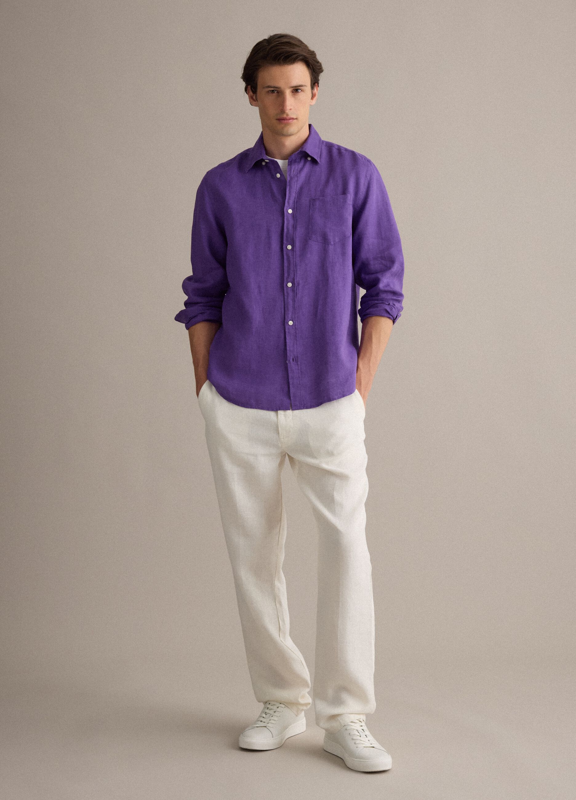 Purple pure linen shirt with button-down collar, regular fit