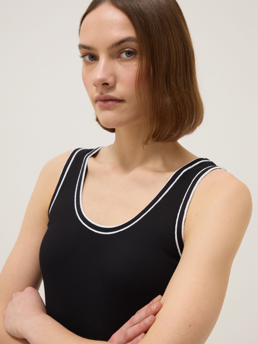 Black stretchy cotton regular fit tank top with trim_0