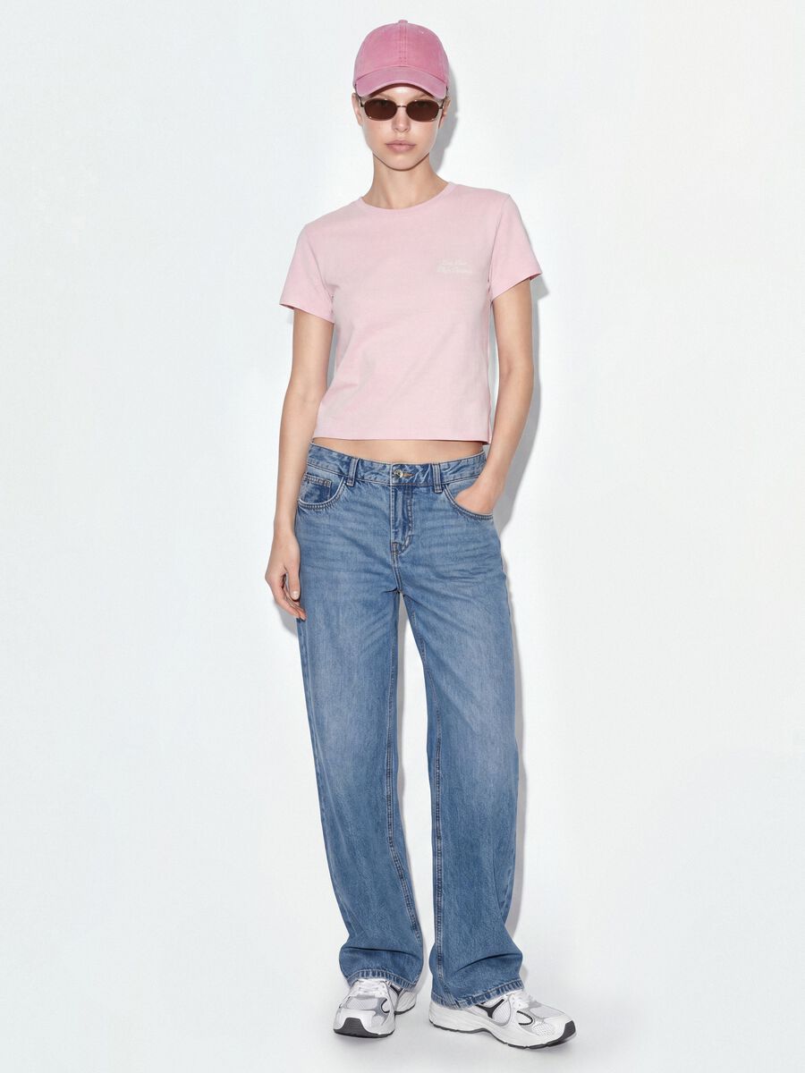 Pink cropped pure cotton T-shirt with graphic print, regular fit_1