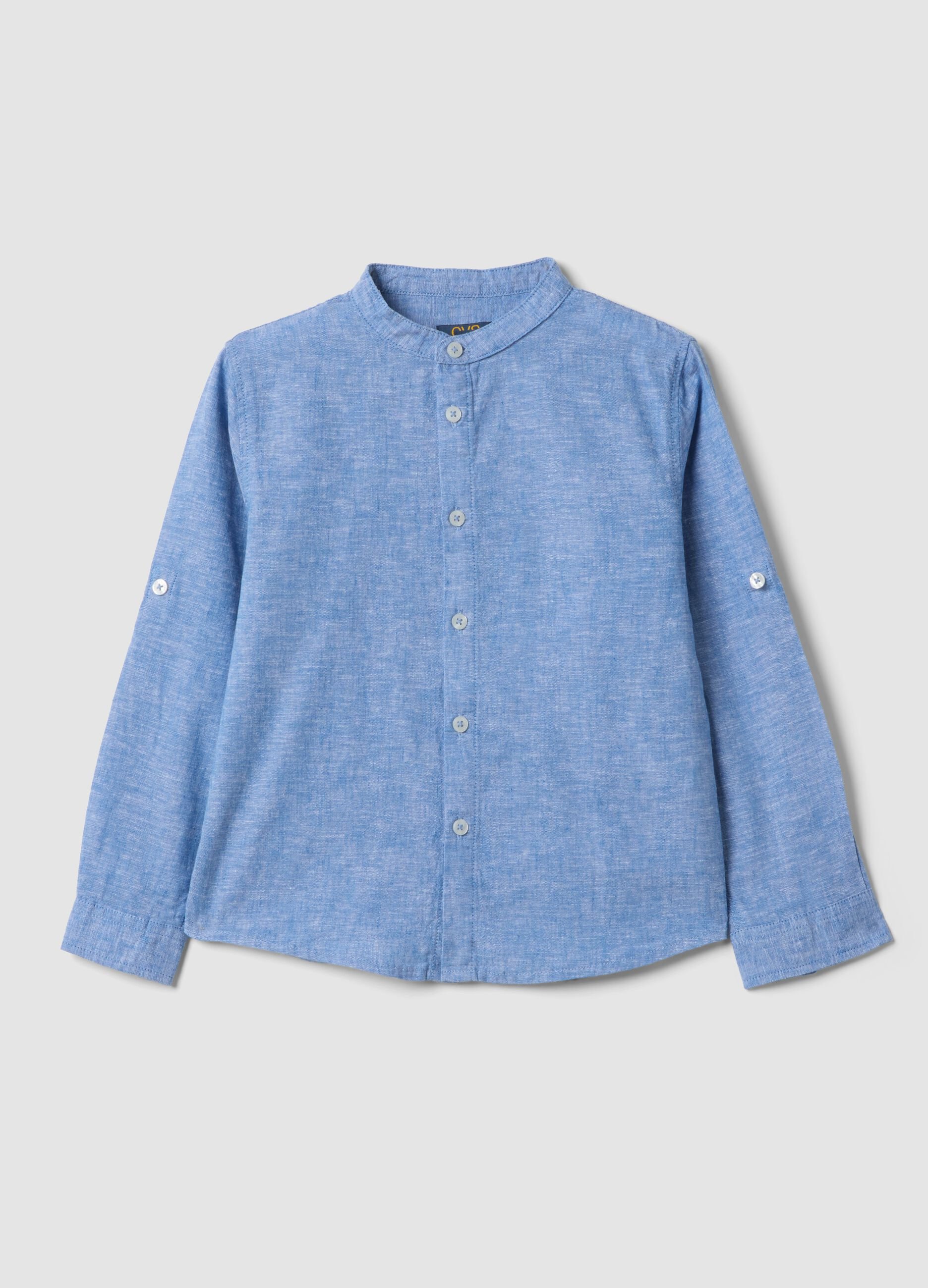 Boys&rsquo; blue linen and cotton-blend shirt with Mandarin collar, regular fit