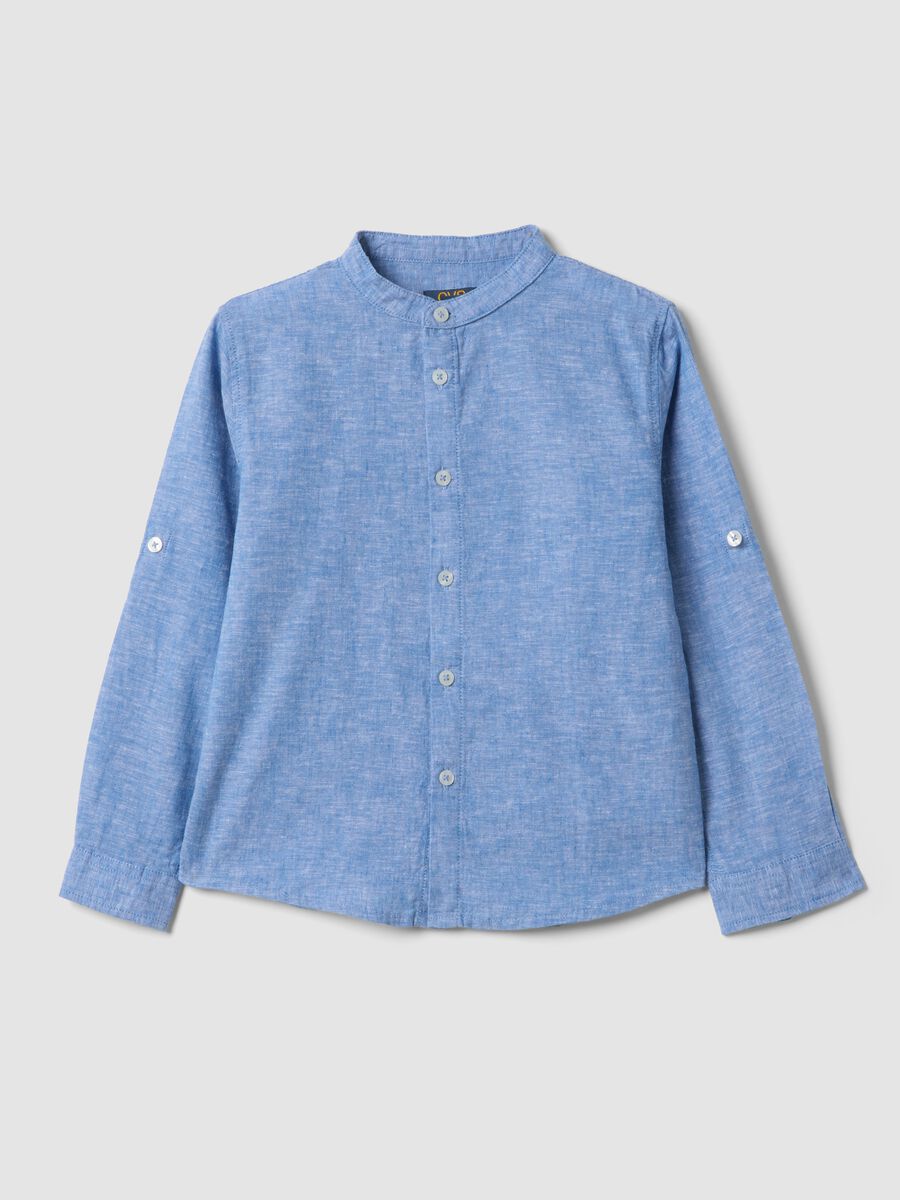 Camicia azzurra in misto lino e cotone da bambino con collo coreano_0